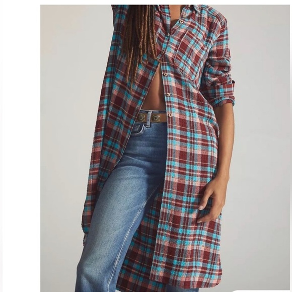 Pilcro LongLine Plaid Button Down Anthropologie Terracotta Turquoise festival  S - Picture 1 of 12